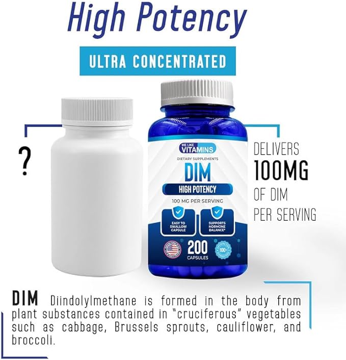 We Like Vitamins DIM 100mg 200 Capsules - 200 Day Supply - Diindolylmethane DIM Supplement for Support with Healthy Estrogen and Hormone Levels-SeraviaPure