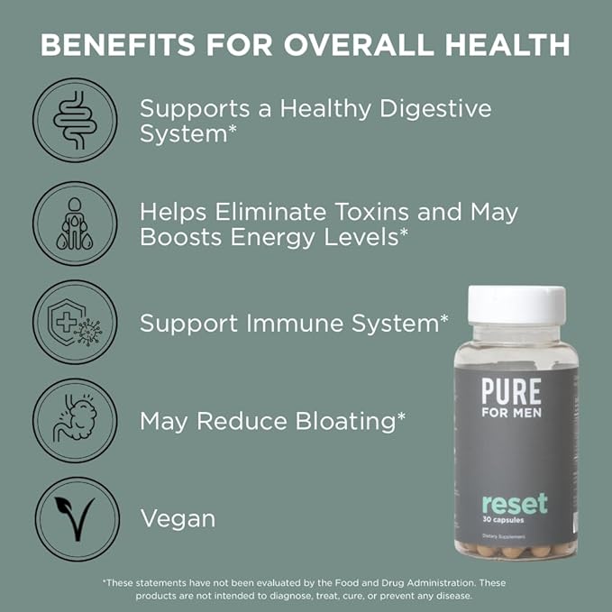 Pure for Men Detox Supplement, Reset | Promotes Digestive & Gut Health, Helps Remove Toxins & Supports Immune System, Colon Cleanse | 30 Capsules-SeraviaPure