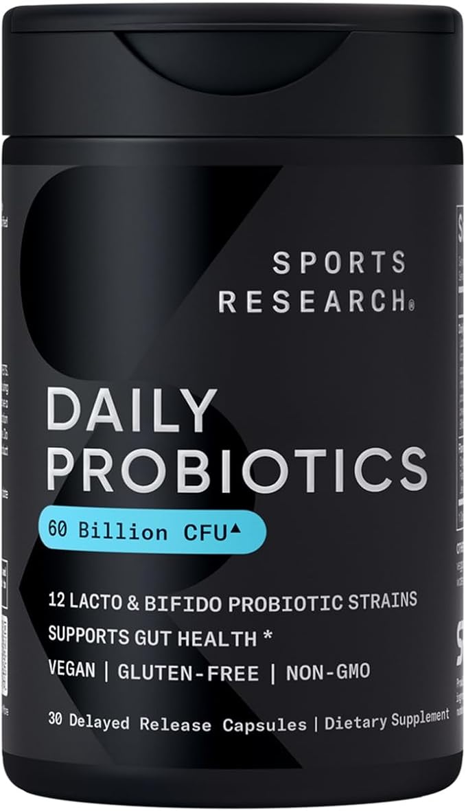 Sports Research Daily Probiotics with Prebiotics, 60 Billion CFU - Vegan Capsules for Gut Health & Digestive Support, Probiotics for Women & Men - Non-GMO Verified & Gluten Free - 30 Count-SeraviaPure