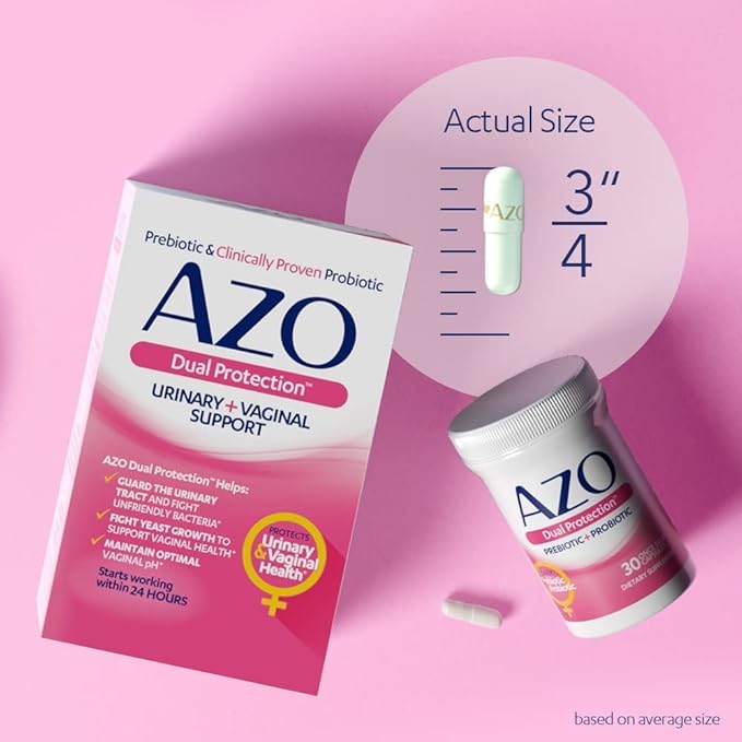 AZO Dual Protection, Urinary + Vaginal Support, Prebiotics and Probiotics for Women*, Starts Working Within 24 Hours, Non-GMO, 30 Count-SeraviaPure