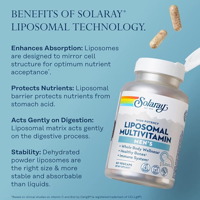 SOLARAY Liposomal Multivitamin for Men, Enhanced Absorption Immune, Energy & Bone Support, Mens Daily Multi Vitamin, BCAA’s, Vitamin D3, C, B12, Zinc, Vegan, Soy Free, 30 Servings, 60 VegCaps-SeraviaPure