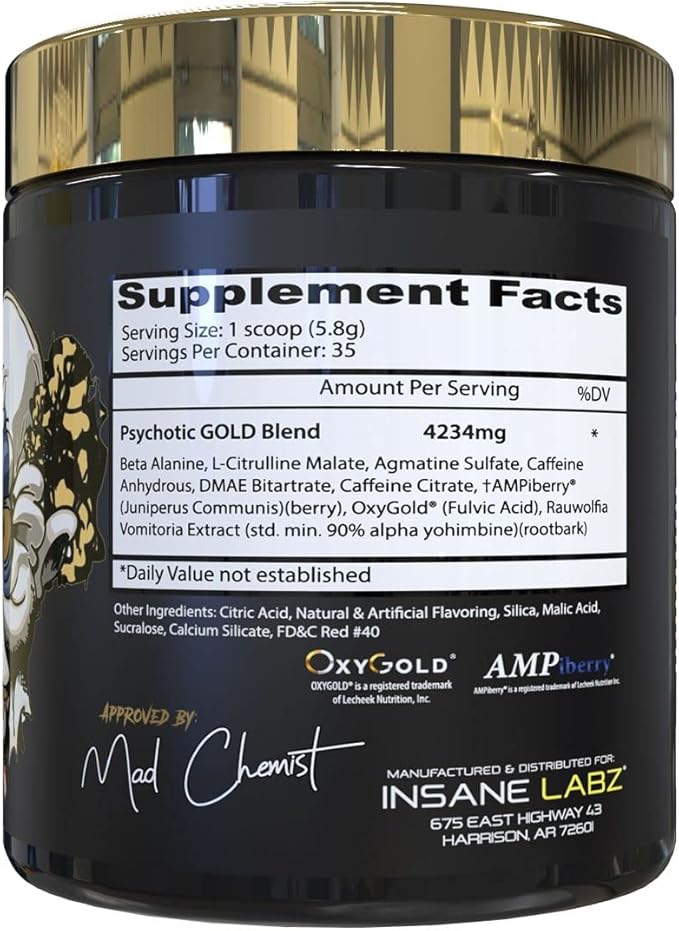 Insane Labz Psychotic Gold and Insane Veinz Gold Pre Workout Nitric Oxide Booster Stack, Increase Muscle Mass, Vascularity, Strength, Energy, Focus, Fruit Punch