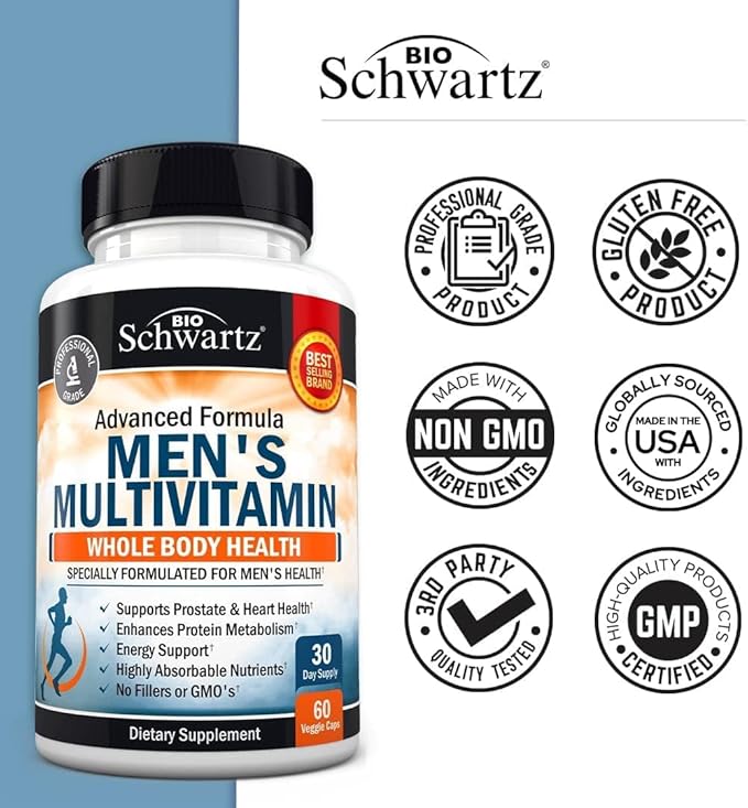 Men's Multivitamin with Vitamin C A B D3 E Zinc for Immune Support - Once Daily Supplement for Energy & Heart - Antioxidants & Digestive Enzymes for Absorption - Mental Clarity & Focus Support -60 Ct-SeraviaPure