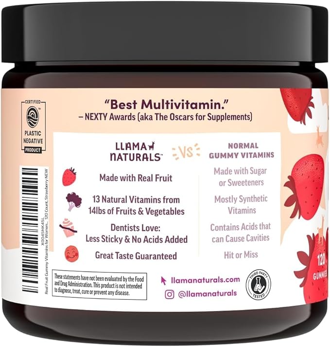Llama Naturals Womens Multivitamin Gummy | Real Fruit, No Added Sugar Cane | Whole Food Vitamin Gummies | Organic, Vegan, Chewable | 120 ct | 30 Day Supply | Strawberry-SeraviaPure