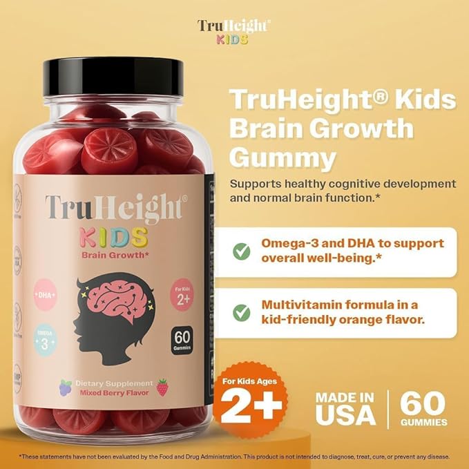 TruHeight Kids Brain Growth Gummies (Mixed Berry, Ages 2+) All Natural Kids & Toddler Vitamins - Omega-3, DHA Multivitamin - Brain & Memory Supplements - Vegan Vitamin, Gluten Free Supplement