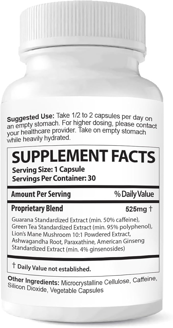 Power & Speed - 30 Capsules - Focus & Energy Nootropic Supplement – Natural Brain Boost with Guarana, Green Tea, Lion’s Mane, Ashwagandha, Paraxanthine & American Ginseng