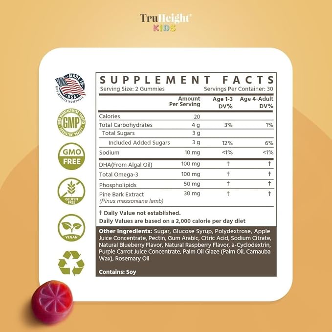 TruHeight Kids Brain Growth Gummies (Mixed Berry, Ages 2+) All Natural Kids & Toddler Vitamins - Omega-3, DHA Multivitamin - Brain & Memory Supplements - Vegan Vitamin, Gluten Free Supplement