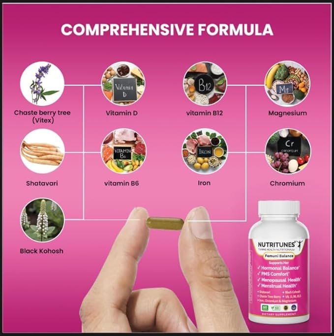 Black Cohosh & Vitex (Chasteberry), Shatavari–Menopause & PMS Support Supplements for Women with Hormone Balance Support – Femuni Balance – 60 Vegan Capsules