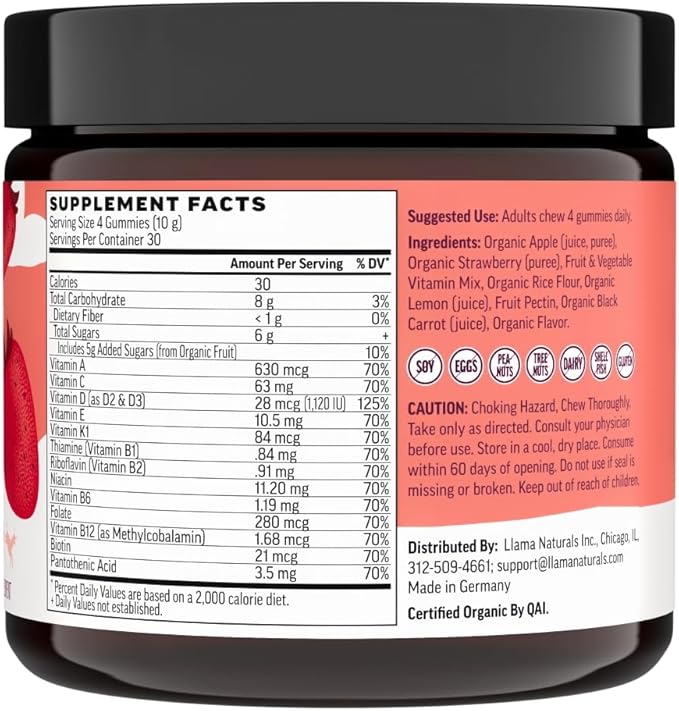 Llama Naturals Real Fruit Gummy Vitamins for Adults, No Added Sugar Cane, Whole Food Multivitamin Gummies for Women and Men, Vegan, Organic, Plant Based, Chewable, 120 Count (30 Day Supply) Strawberry-SeraviaPure