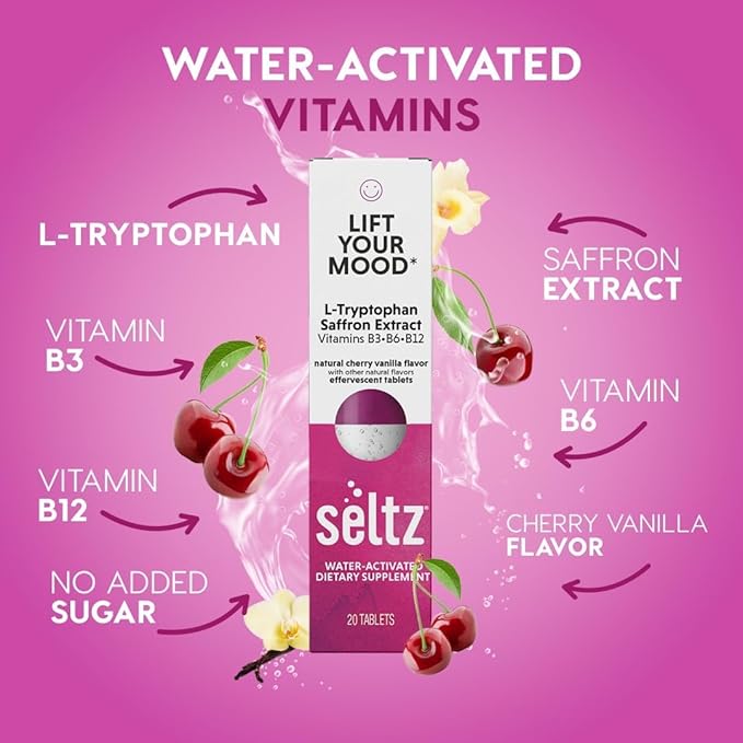 Seltz® Water-Activated Vitamins - Lift Your Mood with L-Tryptophan, Saffron Extract and Vitamins B3 B6 B12 – Natural Cherry Vanilla Flavor Dietary Supplement - 6 Packs x 20 Effervescent Tablets Each