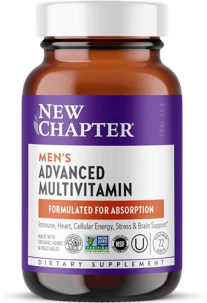 New Chapter Men's Multivitamin Advanced Formula for Stress, Brain, Immune, Heart & Energy Support, Higher Levels of Whole-Food Fermented Essential Nutrients for Men + Selenium + B Vitamins, 72 ct-SeraviaPure