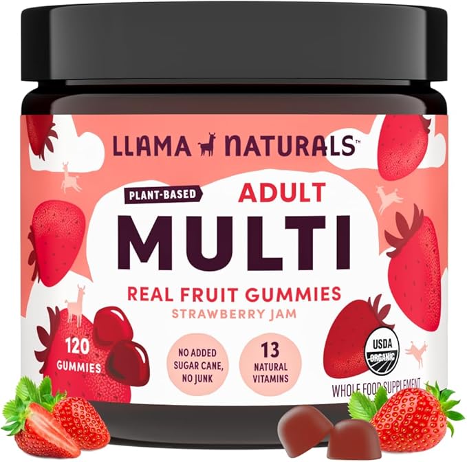 Llama Naturals Real Fruit Gummy Vitamins for Adults, No Added Sugar Cane, Whole Food Multivitamin Gummies for Women and Men, Vegan, Organic, Plant Based, Chewable, 120 Count (30 Day Supply) Strawberry-SeraviaPure