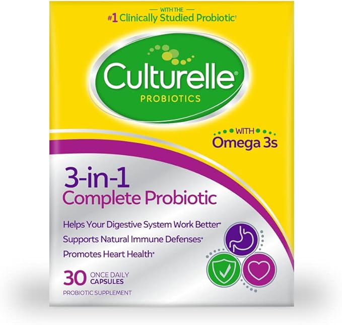 Culturelle 3-in-1 Complete Probiotic Daily Formula, Once Per Day Probiotic Supplement, Helps Your Digestive System Work Better, Supports Natural Immune Defenses, Plus Omega 3's, Non-GMO, 30 Count-SeraviaPure
