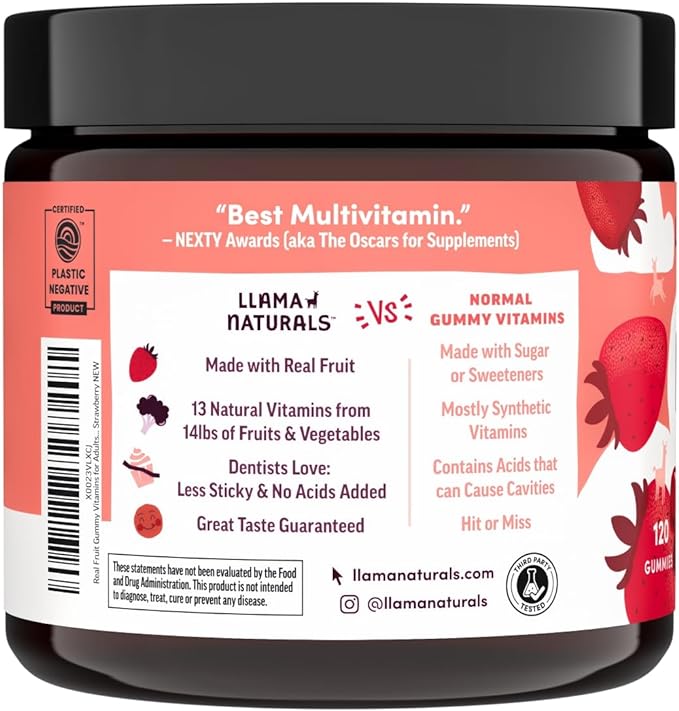 Llama Naturals Real Fruit Gummy Vitamins for Adults, No Added Sugar Cane, Whole Food Multivitamin Gummies for Women and Men, Vegan, Organic, Plant Based, Chewable, 120 Count (30 Day Supply) Strawberry-SeraviaPure