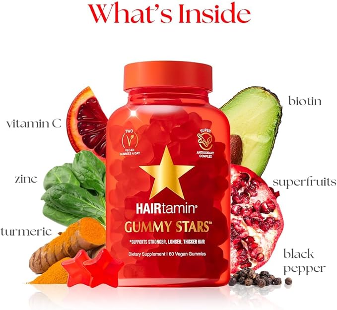 HAIRtamin Vegan Gummy Stars Hair Vitamins | Non-GMO | All Natural Biotin Hair Vitamin Gummies to Maintain Healthy Hair Skin & Nails | Multivitamin Supplement-SeraviaPure