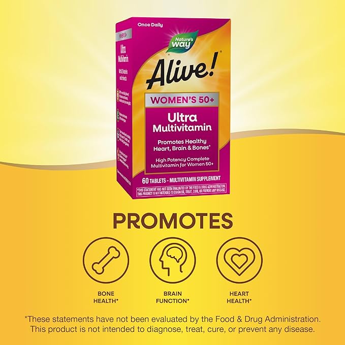 Nature’s Way Alive! Women’s 50+ Ultra Potency Complete Multivitamin, High Potency Formula, Promotes Healthy Heart, Brain, Bones*, with Methylated B12, Gluten-Free, 60 Tablets (Packaging May Vary)-SeraviaPure