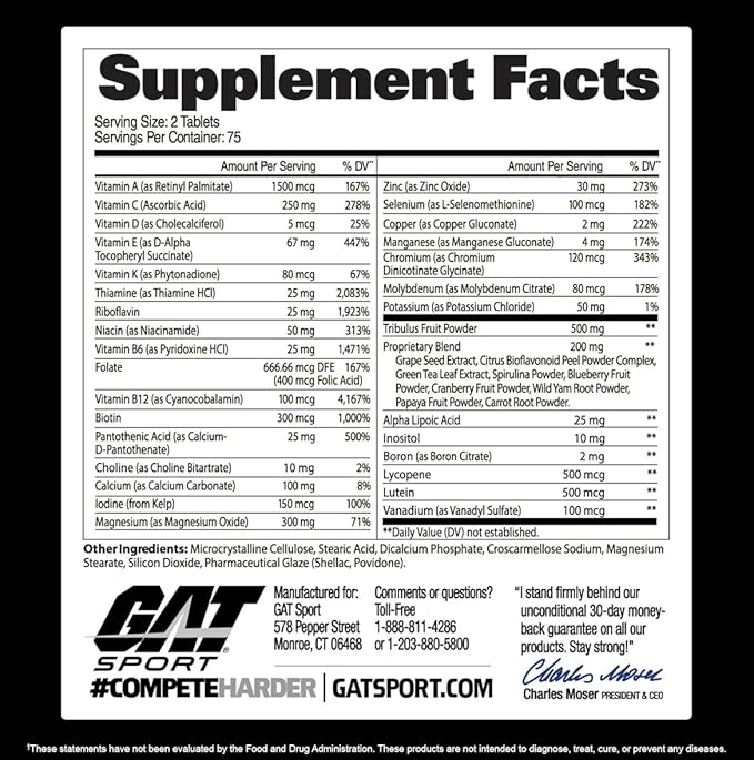 GAT SPORT Men's Multi + Test, Premium Multivitamin Tablets (150 Count)-SeraviaPure