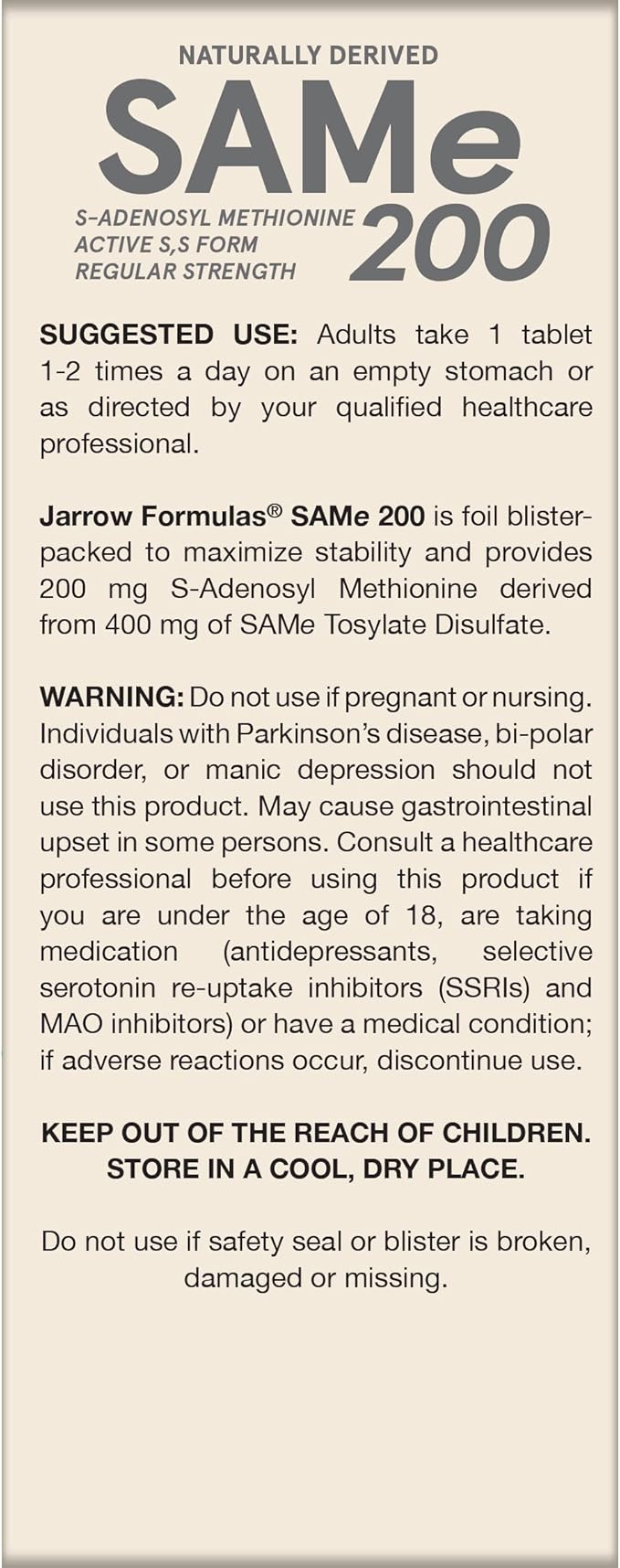 Jarrow Formulas® SAMe 200 mg, Supports Joint Health, Liver Function, Brain Metabolism, 60 Tablets, Up To A 60 Day Supply-SeraviaPure