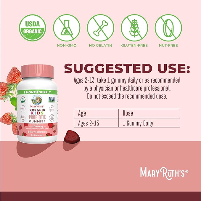 Kids Probiotics for Digestive Health | USDA Organic Probiotic Gummies | 2 Month Supply | Probiotics for Kids | Immune Support | Gut Health Supplement | Vegan | Non-GMO | Gluten Free | 60 Count