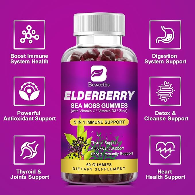 (2 Pack Elderberry Gummies & Irish Sea Moss, Organic Sambucus Elderberry Gummy with Seamoss, Zinc, Vitamin C, D3, Multivitamin Elderberry Vitamins - Sugar-Free-SeraviaPure