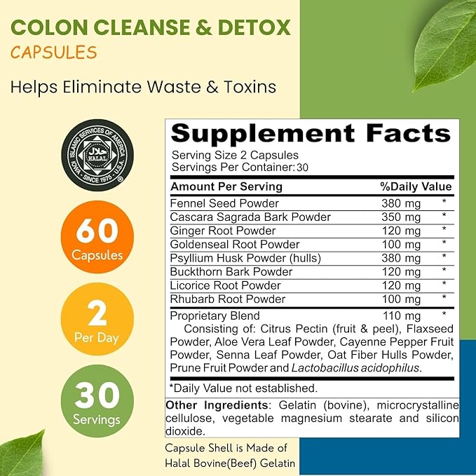 Premium Colon Cleanse & Herbal Detox Pills | 2x15 Days Supply | with Probiotics, Fennel Seed, Cascara Sagrada & Ginger Root Halal Vitamins-SeraviaPure