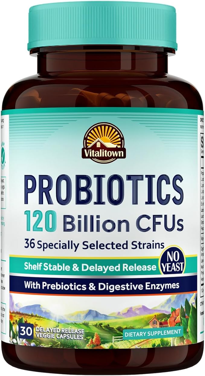VITALITOWN Probiotics 120 Billion CFUs | 36 Strains, with Prebiotics & Digestive Enzymes for Men Women | Shelf Stable | Digestive Health & Immune Support | Vegan, Non-GMO | 30 Delayed Release Veg Caps-SeraviaPure