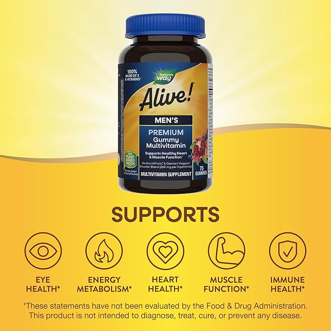 Nature's Way Alive! Men's Premium Gummy Multivitamin, Supports Healthy Heart, Muscle Function*, Full B-Vitamin Complex, Orange, Grape, Cherry Flavored, 75 Gummies (Packaging May Vary)-SeraviaPure