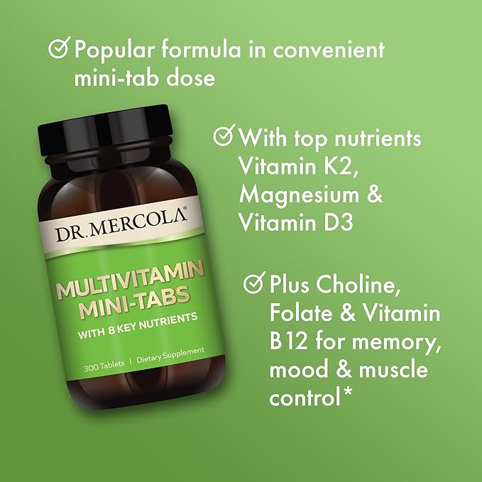 Dr. Mercola Multivitamin Mini-Tabs, 30 Servings (300 Tablets), with 8 Key Nutrients, Dietary Supplements, Supports Immune and Brain Health, Non-GMO-SeraviaPure