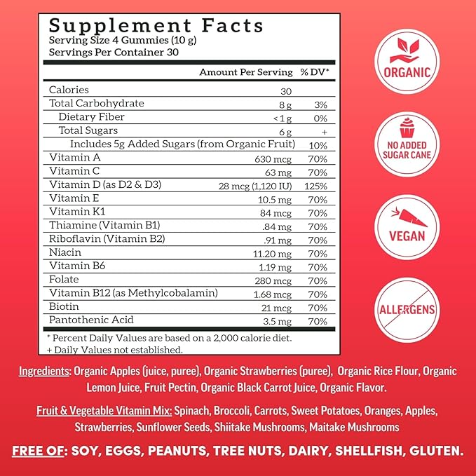 Llama Naturals Real Fruit Gummy Vitamins for Adults, No Added Sugar Cane, Whole Food Multivitamin Gummies for Women and Men, Vegan, Organic, Plant Based, Chewable, 120 Count (30 Day Supply) Strawberry-SeraviaPure