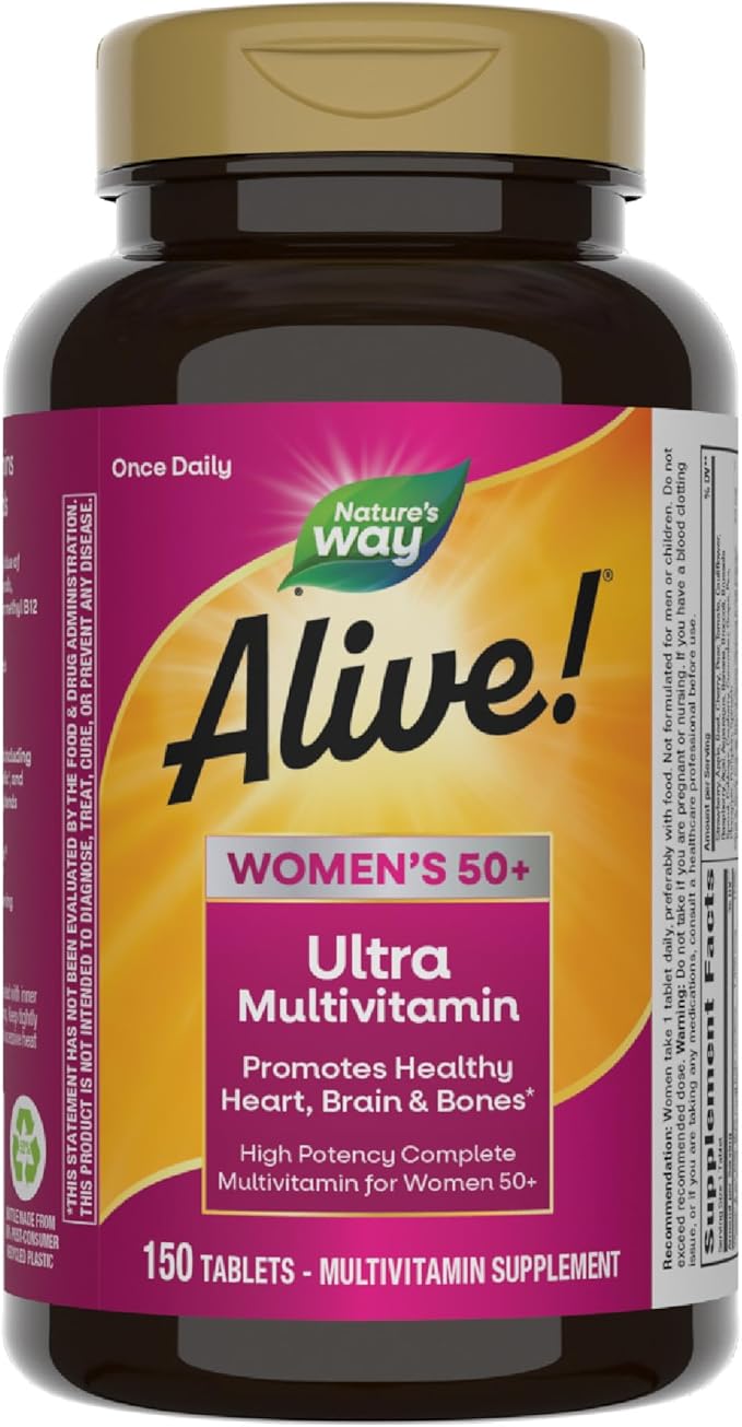 Nature’s Way Alive! Women’s 50+ Ultra Potency Complete Multivitamin, High Potency Formula, Promotes Healthy Heart, Brain, Bones*, with Methylated B12, Gluten-Free, 150 Tablets (Packaging May Vary)-SeraviaPure