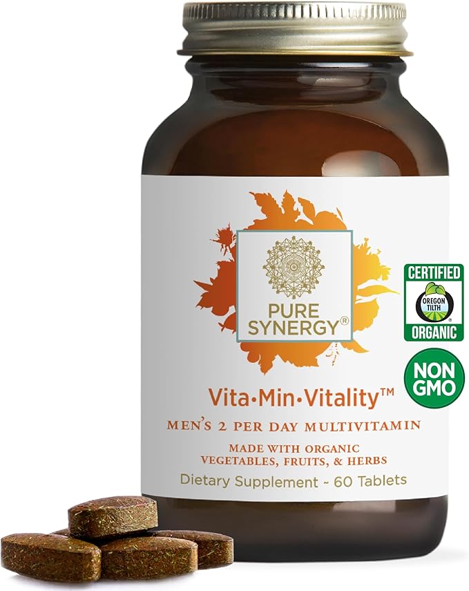 PURE SYNERGY Vita·Min·Vitality | Natural Multivitamin for Men | Men’s Daily Multivitamin Made with Organic Whole Foods | for Energy, Stress, and Immune Support (60 Tablets)-SeraviaPure
