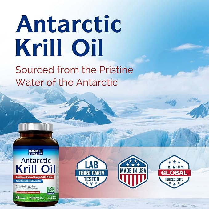 Innate Vitality Antarctic Krill Oil 2000mg 60 Softgels, Omega 3s, DHA, EPA & Astaxanthin, Phospholipids, Brain, Concentration, Heart, Bone, Immune Health, Superior Absorption vs Fish Oil, No Fish Burp