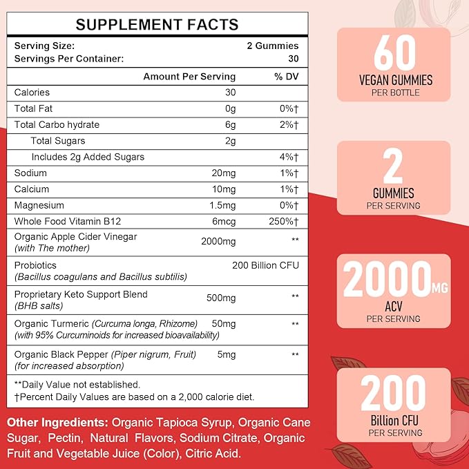 Apple Cider Vinegar Gummies, Max Strength 2000mg ACV Gummies with Probiotics, B12 and Keto, for Digestion, Metabolism, Gut & Immune Health, Gelatin-Free, Vegan & Non-GMO, 180 Gummies-SeraviaPure