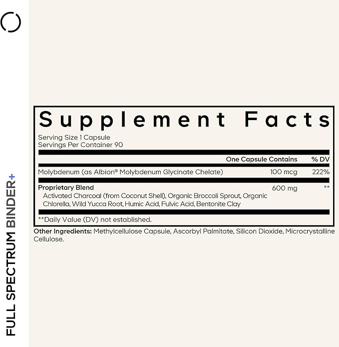 Codeage Binder + Systemic Binder Supplement - Activated Charcoal Pills, Bentonite Clay Mineral Powder, Fulvic & Humic Acids, Molybdenum, Carbon Forms - 90 Capsules
