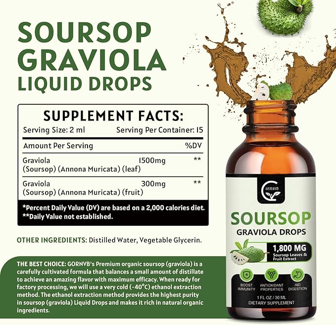 (2 Pack) Soursop Graviola Liquid Drops 1800mg, 98% Absorption Soursop Bitters Liquid for Cell Support & Regeneration, Immune Boost, Relax, Liver and Sleep, Herbal Goodness, Gluten Free, 1 Fl Oz-SeraviaPure