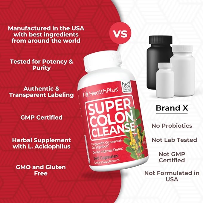 Health Plus Super Colon Cleanse 10 Day Gentle Gut Cleanse Detox, Psyllium Husk, Probiotics for Constipation Relief & Digestive Support, 240 Capsules-SeraviaPure