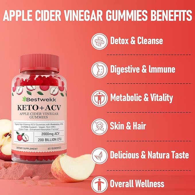 Apple Cider Vinegar Gummies, Max Strength 2000mg ACV Gummies with Probiotics, B12 and Keto, for Digestion, Metabolism, Gut & Immune Health, Gelatin-Free, Vegan & Non-GMO, 180 Gummies-SeraviaPure