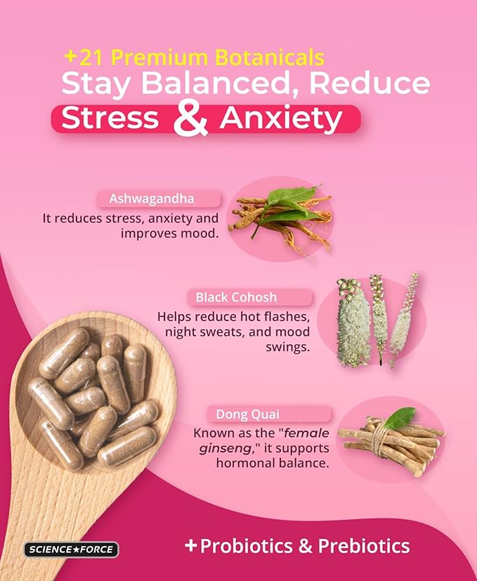 Lovely Menopause Supplement + Hormone Balance + Weight Management, Hot Flashes, Mood Swings, Vaginal Health & Dryness | Black Cohosh, Dong Quai, Ashwagandha + Probiotics, Woman Supplement, 60 ct-SeraviaPure