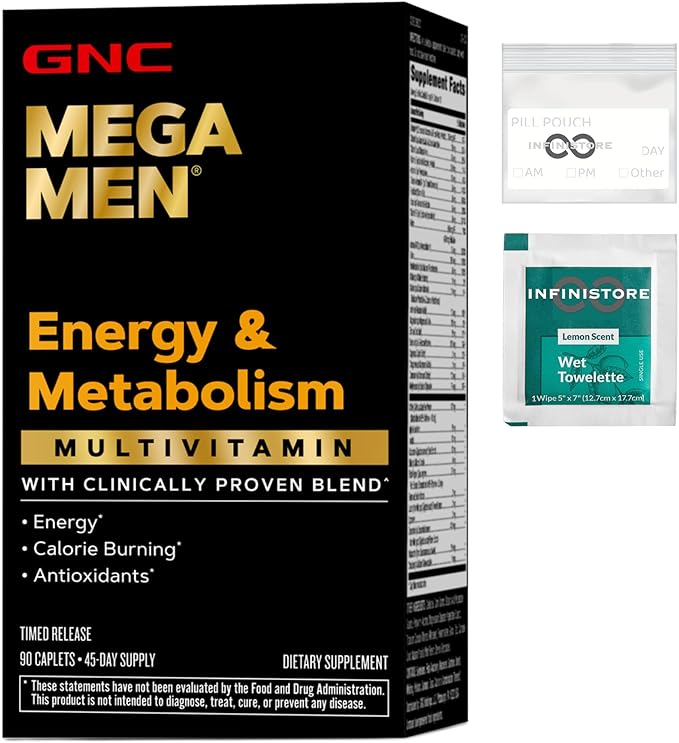 InfiniStore™ Medicine Pouch & Scented Moist Towelette Bundled with GNC Mega Men Multivitamin, Energy & Metabolism, 90 Tablets-SeraviaPure