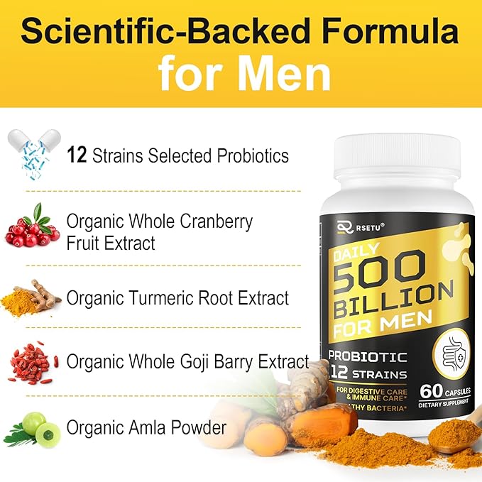 Probiotics for Men, 500 Billion CFU 12 Strains Mens Probiotic with Turmeric Cranberry & Goji, Gut Health for Men, Probiotics for Men Digestive Health, Bloating, Immune & Overall Health, 30-Day Supply-SeraviaPure