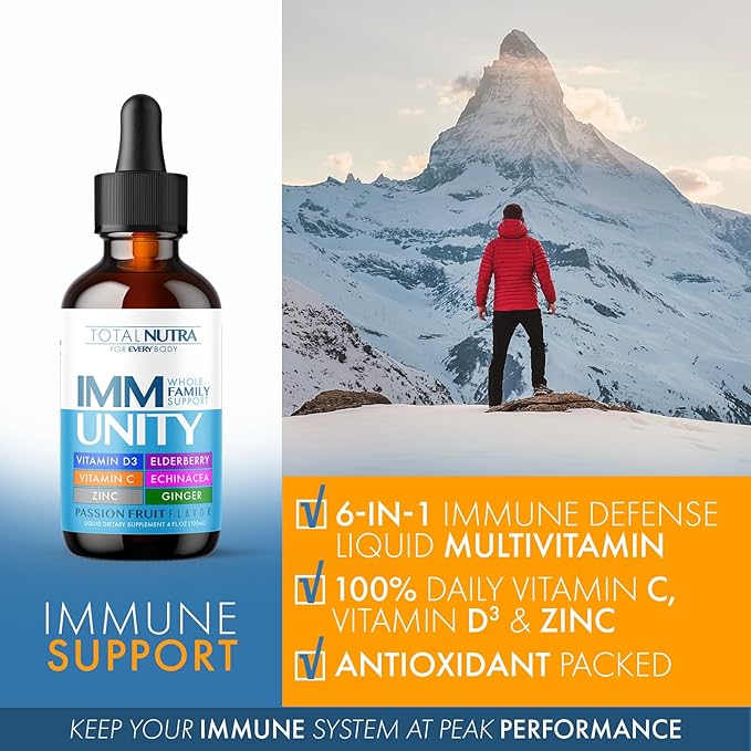 6-in-1 Liquid Multivitamin Supplement | 100% Daily Zinc, Vitamin D3 and Vitamin C Immunity Drops | Elderberry, Echinacea & Ginger Defense Support for Adults & Kids (Passion Fruit, 4oz-4pk)-SeraviaPure