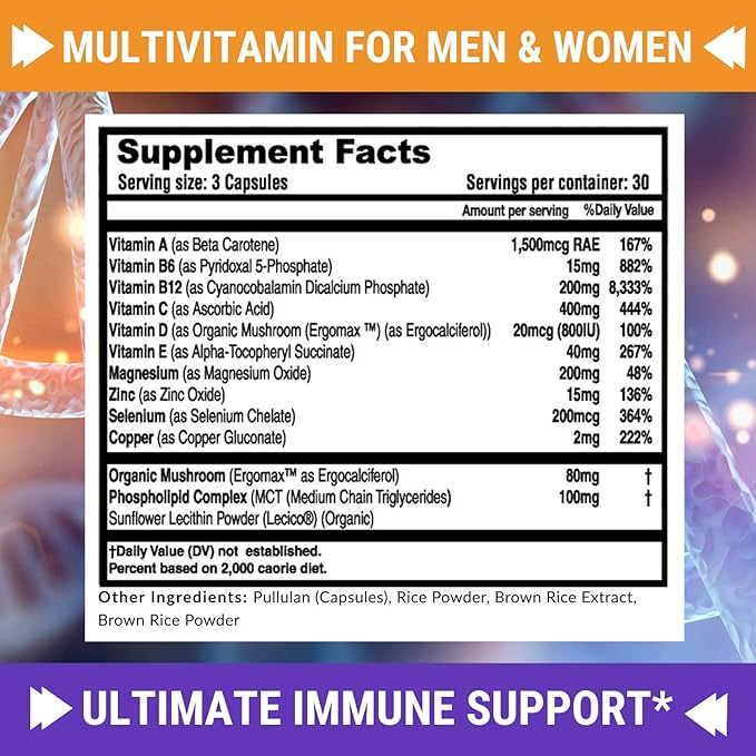 Immune Support Multivitamin for Men and Women with Vitamins A, B, C, D, E, B6, B12 - Zinc, Magnesium and Copper with Liposomal Complex for Enhanced Absorption - Daily Antioxidant Boost - 90 Vegan Caps-SeraviaPure