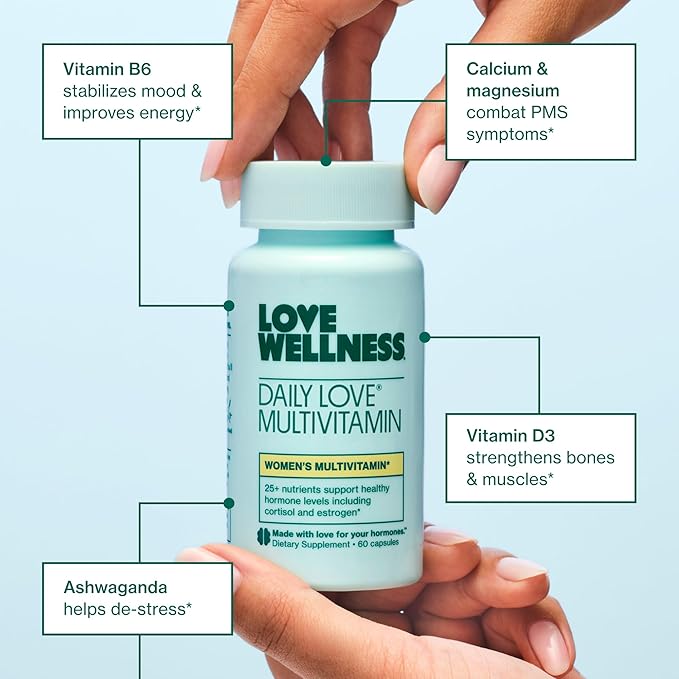 Love Wellness Daily Love Multivitamin for Women | Supports Energy, Cortisol, Immune Health, Stress Relief, & PMS | Complete with Vitamin D, C, Iron, Calcium, Zinc, & Biotin, Magnesium | 60 Count-SeraviaPure