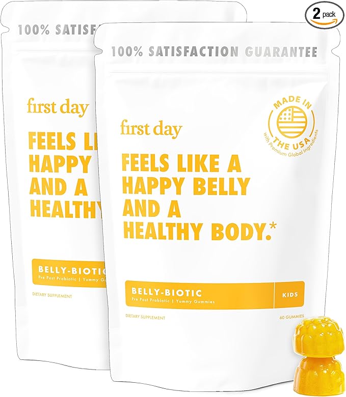 FIRST DAY Kids Probiotic Gummies - 3 in 1 Probiotics for Kids + Prebiotic & Postbiotic - Prebiotics & Probiotics for Digestive Health & Immune Support – Vegan, Gluten Free, 60-Day Supply
