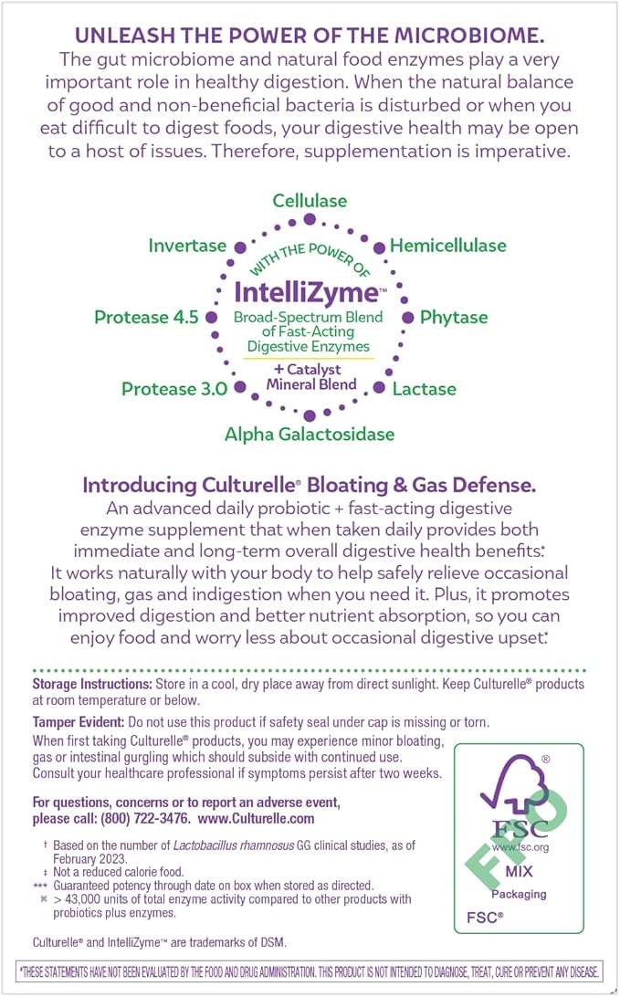 Culturelle Bloating & Gas Defense, Digestive Enzymes & Probiotics for Digestive Health, 30 Capsules, Supports Occasional Indigestion & Discomfort (Pack of 2)-SeraviaPure