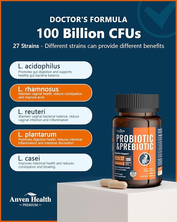 100 Billion Probiotics for Men and Women 27 Strains 5 Organic Prebiotics for Gut Digestive & Immune Health, Supports Diarrhea Gas Bloating, Non-GMO, Zero Fillers – Made in USA丨120 Caps-SeraviaPure