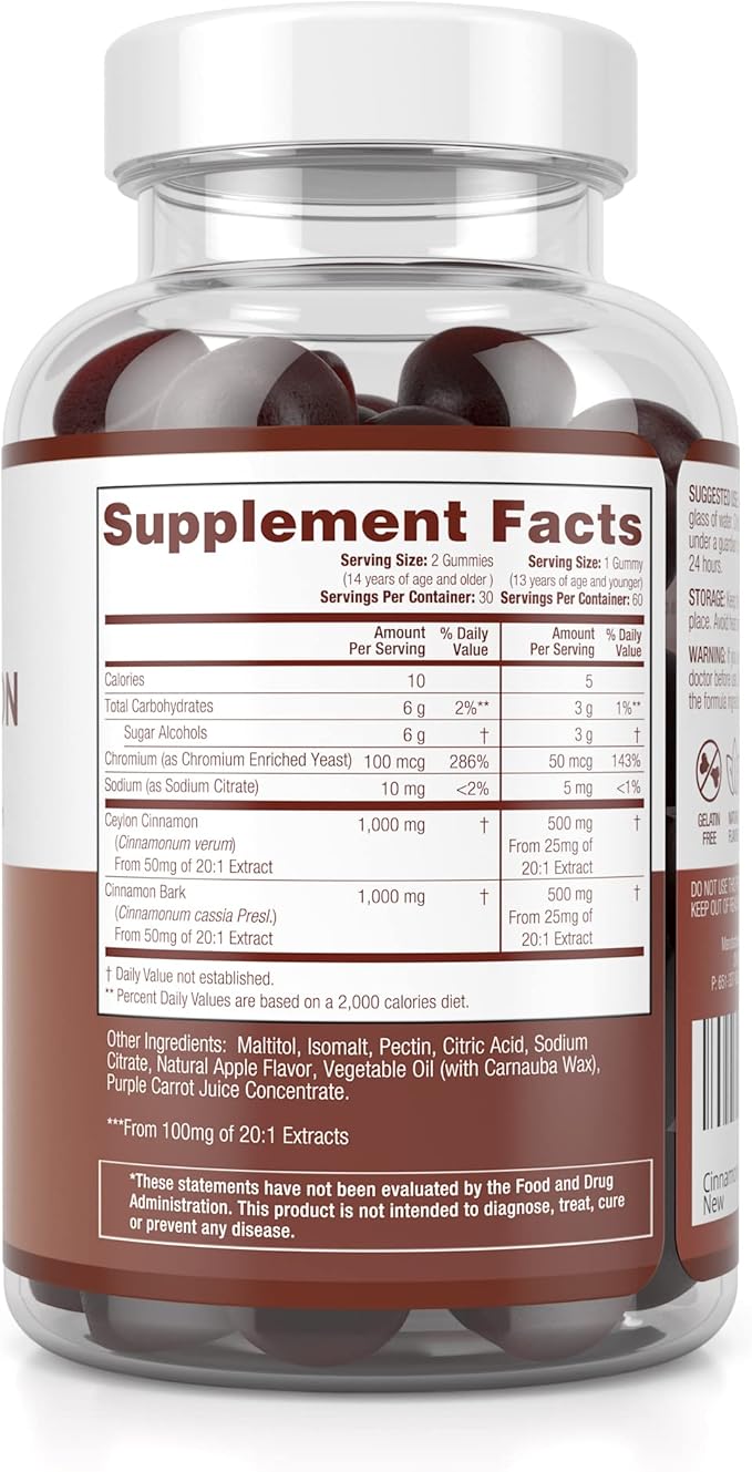 Purify Life Sugar-Free Ceylon Cinnamon Gummies (2,000mg/Serving) Ceylon Cinnamon Supplement for Brain Health, Vegan, Gluten-Free, Replace Ceylon Cinnamon Capsules, Pills, Powder, Extract (60 Chews)-SeraviaPure