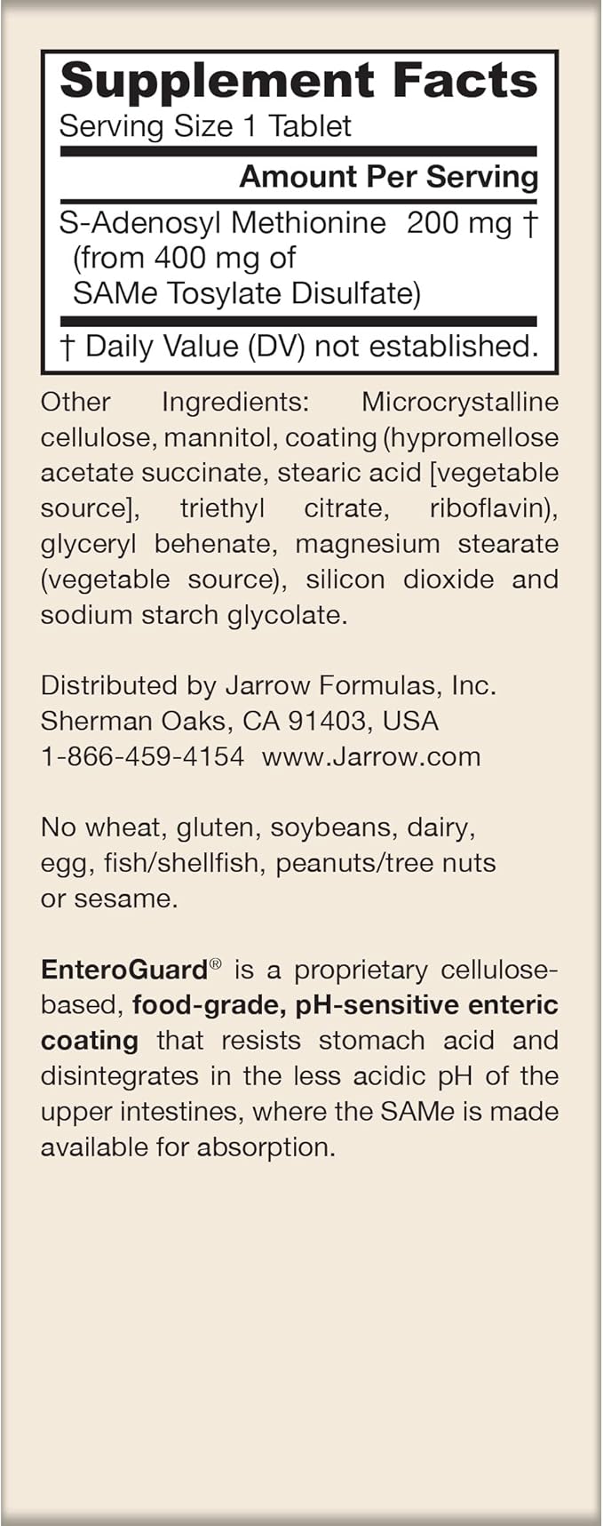 Jarrow Formulas® SAMe 200 mg, Supports Joint Health, Liver Function, Brain Metabolism, 60 Tablets, Up To A 60 Day Supply-SeraviaPure