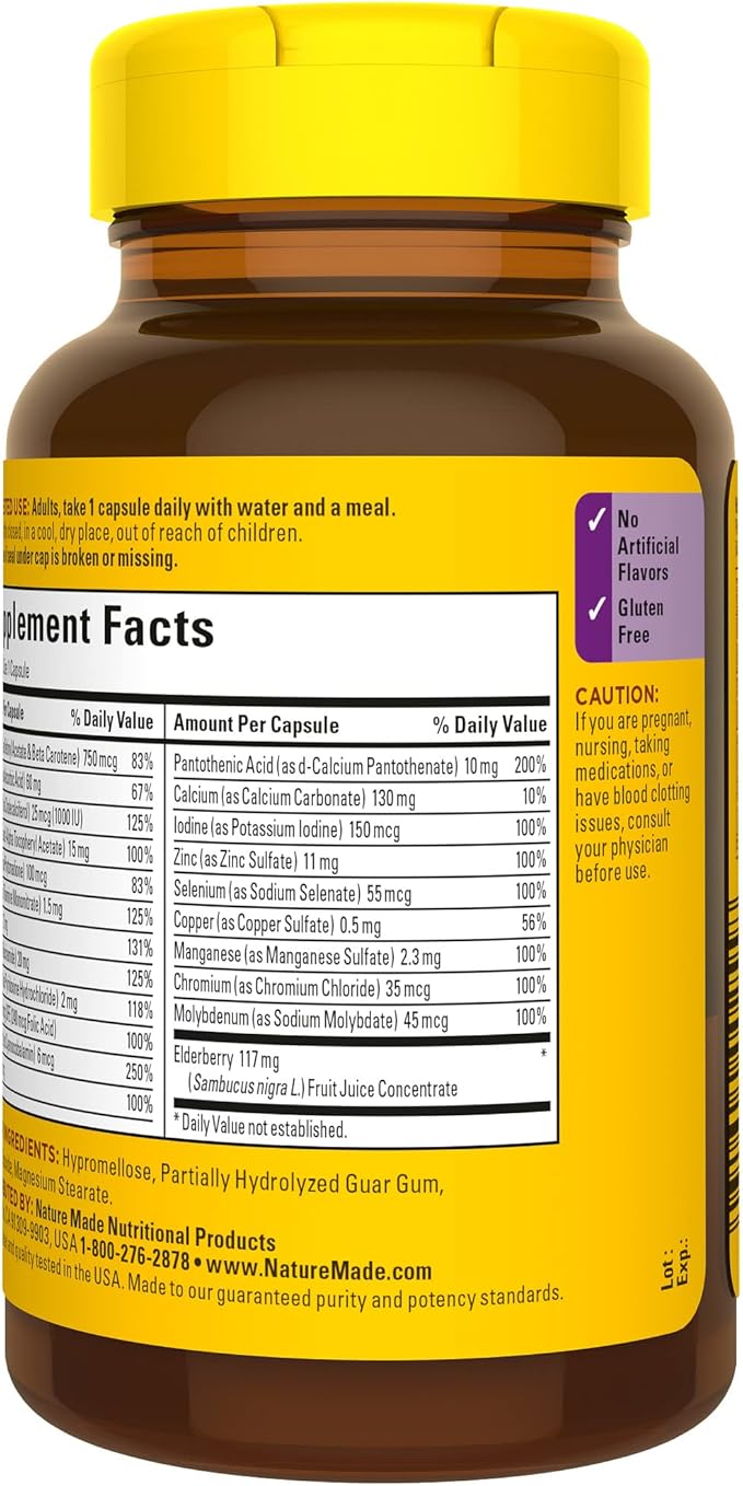 Nature Made Multi + Elderberry Capsules, Multivitamin for Daily Immune Support, One Per Day Multivitamin, 60 Count-SeraviaPure