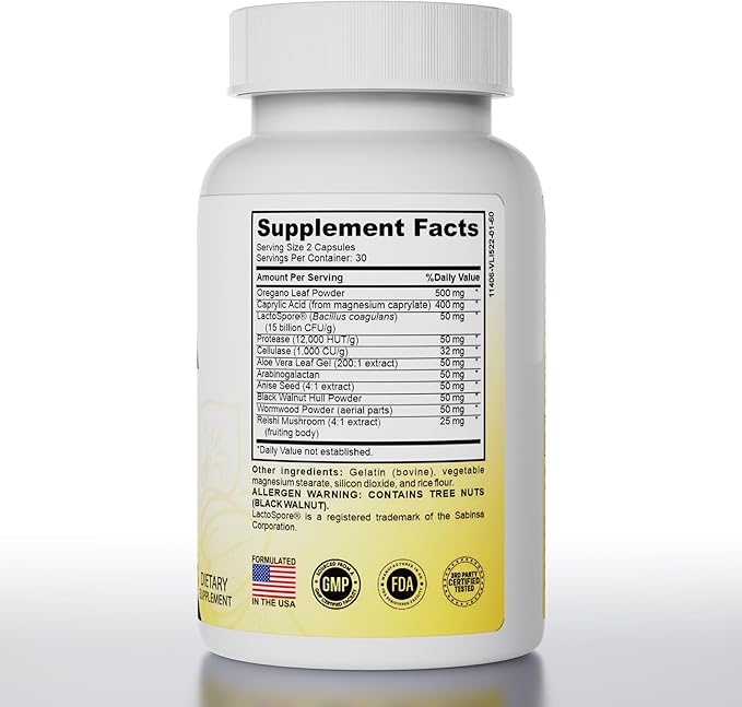 Candida Cleanse with Natural Herbs and Probiotics, Oregano Leaf, Wormwood, Black Walnut, Caprylic Acid-SeraviaPure